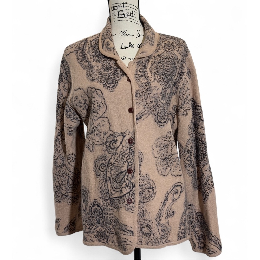 Silk Club Wool Cardigan‎ Jacket Paisley Print Button Front Cozy XL